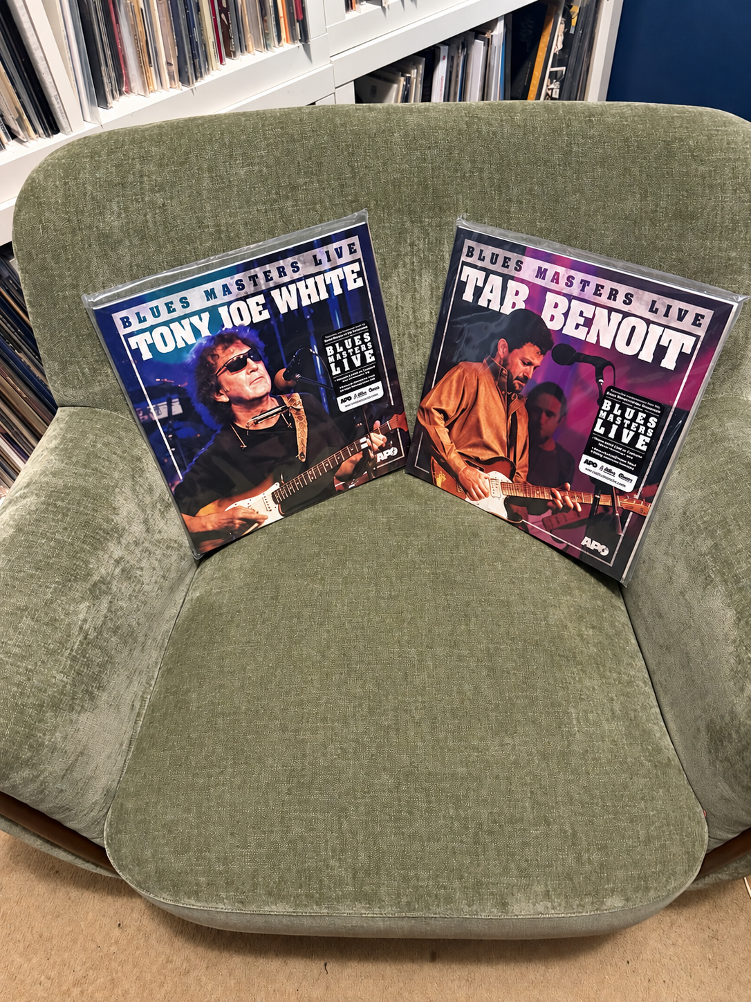 Tab Benoit and Tony Joe White Blues Masters Live records in Steve Westman’s listening chair